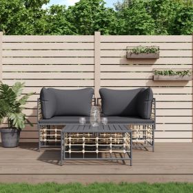 3 Piece Patio Lounge Set with Cushions Anthracite Poly Rattan (Color: Anthracite)